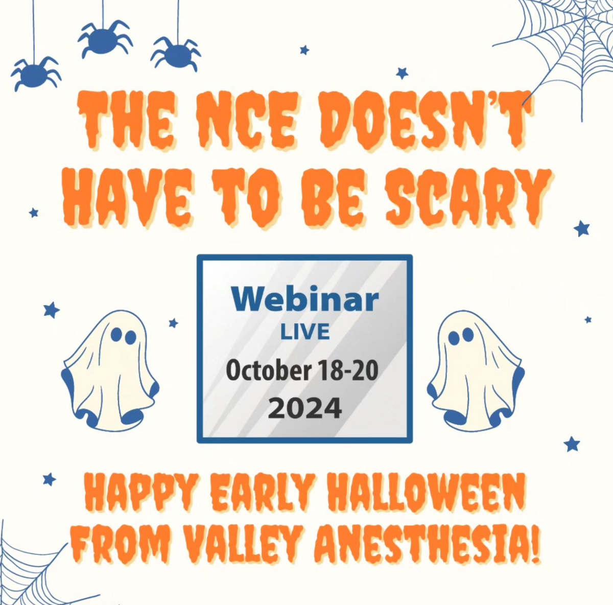 Students tell us that the NCE is one of the scariest things they face on their Nurse Anesthesia journey. With a Valley NCE Review, it doesn't have to be! Join us October 18-20 for our final NCE Review course of 2024!